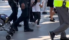 迪斯尼乐园的妈妈被带着手铐拖出来，旁边是歇斯底里的孩子，她试图不付钱就溜进公园